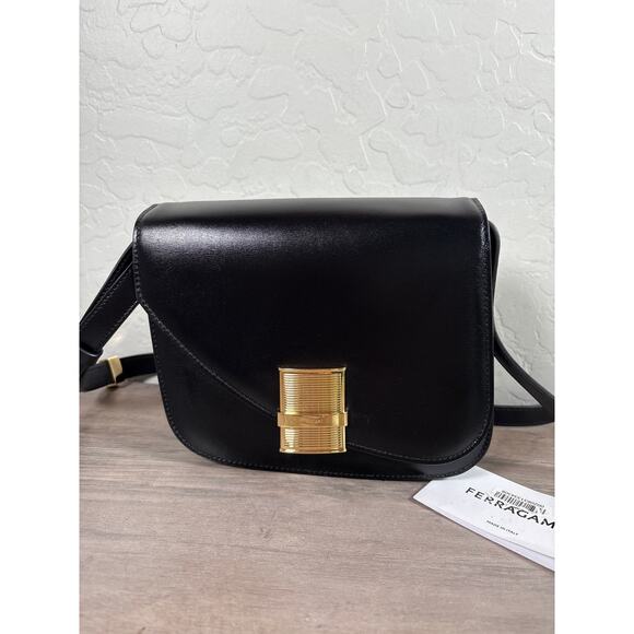 Salvatore Ferragamo Handbags - Salvatore Ferragamo Calfskin Fiamma Small Crossbody Black